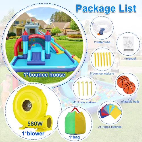 Vista 7 de Tobogán acuático inflable, parque acuático de casa de rebote 10 en 1 con pared de escalada con soplador de 580 W, piscina de salpicaduras, cañón