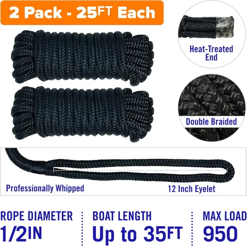Vista 3 de Líneas de muelle para barcos de 1/2 pulgada x 25 pies, paquete de 2 cuerdas de nailon trenzado doble con bucle de 12 pulgadas, línea de amarre