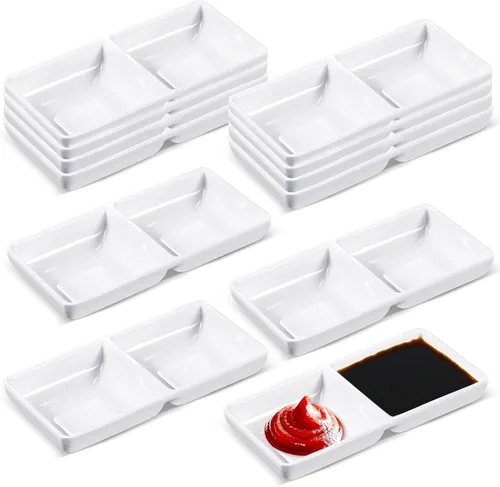 Vista 10 de Gejoy 6 cuencos de salsa de inmersión dobles para salsa de soja, dos compartimentos, bandejas de fiesta, platos divididos para fondue para Negro