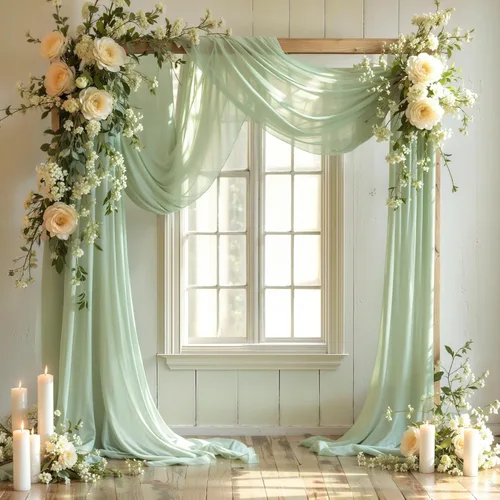 Vista 29 de Tela drapeada para arco de boda, 2 paneles de 18 pies, cortina de telón de fondo transparente azul bebé, cortina de gasa para boda, arco, ceremonia
