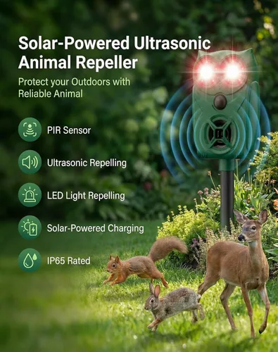 Vista 2 de Repelente ultrasónico de animales alimentado por energía solar con sensor de movimiento, unidad impermeable con luces LED intermitentes para patios