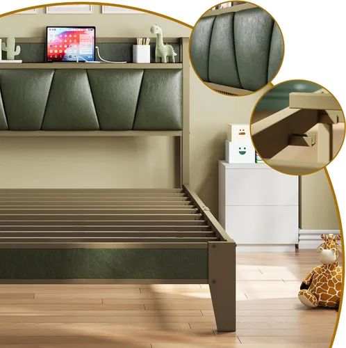 Vista 5 de LIKIMIO Base de cama individual, cabecero de almacenamiento con estación de carga, sólido y estable, sin ruido, no necesita somier, fácil montaje