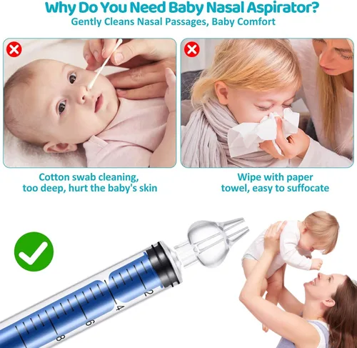 Vista 4 de Aspirador nasal para bebé, jeringa nasal para jeringa de bebé, irrigador nasal con punta de succión nasal de silicona reutilizable profesional, Azul
