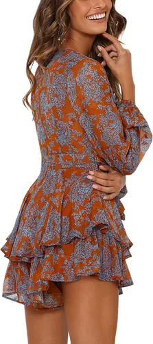 Vista 4 de AIMCOO - Enterizo con estampado floral para mujer con escote en V profundo con dobladillo de doble capa con volantes manga larga y holgada y cintura