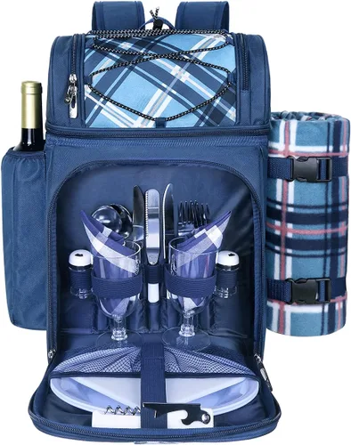 Vista 10 de Hap Tim Mochila de cesta de pícnic para 4 personas con 2 compartimentos aislados de refrigeración, soporte para vino, manta de forro de vellón