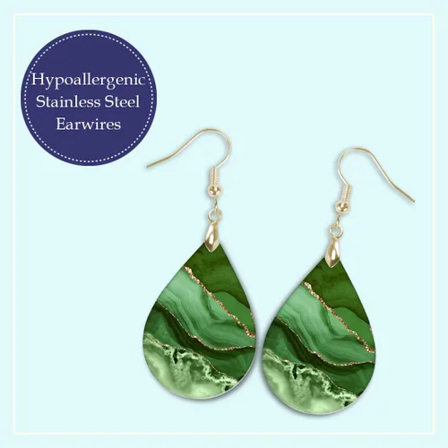 Vista 4 de Green Earrings for Women with Gold Strands Teardrop Dangle Spring Dangling Wood Statement Jewelry MDF Kelly Lime Handmade by The Painted Pug (Large)
