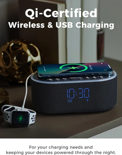 Vista 3 de Odokee Reloj despertador con radio de carga inalámbrica: Cargador inalámbrico rápido certificado Qi para iPhone Samsung - Altavoz Bluetooth estéreo