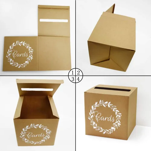 Vista 4 de KALEFO Caja de tarjeta Kraft para regalos de boda, buzones de cartón, decoración de fiesta de boda, centro de mesa