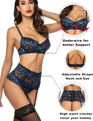 Vista 3 de Avidlove - Conjunto de lencería para mujer de cintura alta lencería con cinturón lencería