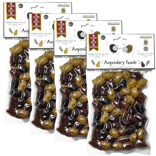 Paquete de 4 Aceitunas Mixtas al Vacío, Aceitunas Kalamata Negras Mezcladas con Aceitunas Verdes Marinadas en Jugo de Limón, con Orégano Griego