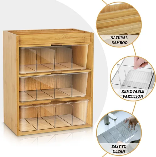 Vista 2 de Organizador de bolsas de té, organizador de almacenamiento de té de bambú con cajón de 3 capas, organizador de té para bolsas de té, madera natural