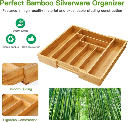 Vista 5 de Pipishell Organizador de cajones extensible de bambú para soporte de utensilios, bandeja de cubiertos ajustable, organizador de separadores