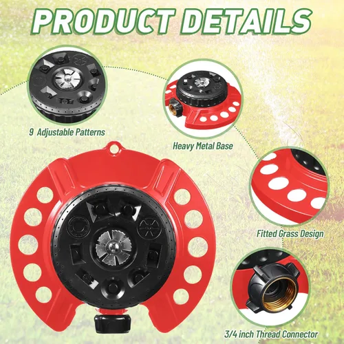 Vista 4 de 2 aspersores de césped de 9 patrones, rociadores pequeños estacionarios de agua de 360 grados, base decorativa de metal resistente para regar áreas