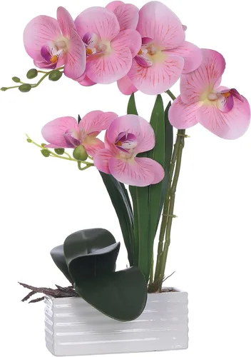 Vista 15 de Flores artificiales de orquídea de tacto real en maceta, flor falsa de Phalaenopsis con jarrón de cerámica blanca, arreglo de orquídeas sintéticas