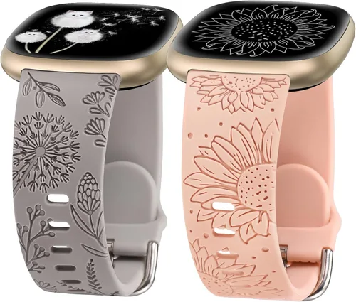 Vista 8 de Minyee Paquete de 2 correas grabadas florales compatibles con Fitbit Versa 4/Versa 3/Sense 2/Sense Band para mujer, lindo diseño de girasol
