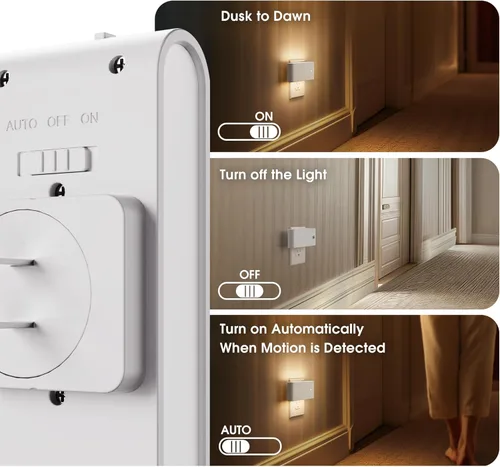 Vista 5 de Paquete de 2 luces LED nocturnas con sensor de movimiento, luces nocturnas de activación de movimiento enchufables en la pared, encendido y apagado