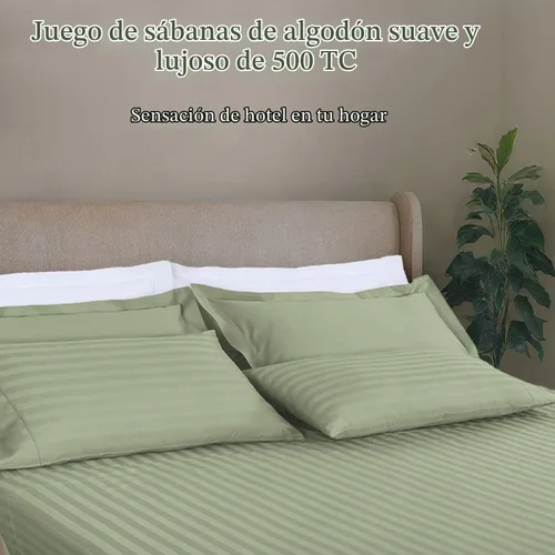 Vista 2 de Threadmill Juego de ropa de cama de algodón de lujo de 500 hilos tamaño matrimonial, 4 piezas, sábanas transpirables color verde salvia con bolsillo