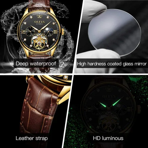 Vista 5 de OLEVS Reloj automático de vestir para hombre, de lujo, con diamantes mecánicos, correa de cuero, impermeable, luminoso, relojes de pulsera