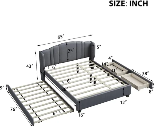 Vista 19 de Elegante cama con plataforma tapizada de terciopelo de tamaño Queen con cabecero, para niños, niñas y adolescentes (beige @cabecero/, Queen)
