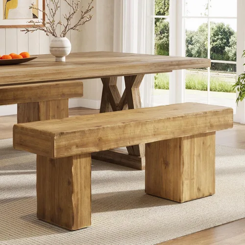 Vista 4 de Banco de Madera Maciza Engrosada, Banco de Entrada Rústico Estilo Granja de 47", con Patas Artísticas, Banco de Comedor de Servicio Pesado