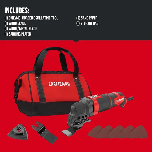 Vista 2 de CRAFTSMAN Herramienta oscilante, 3 amperios, incluye sistema universal de accesorios sin herramientas, cuchillas, papel de lija y bolsa