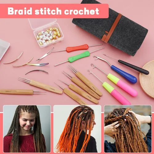 Vista 6 de Gancho de ganchillo para rastas, 48 piezas agujas de ganchillo Loc, 6 agujas de ganchillo para rastas, ganchos de ganchillo para cabello, gancho