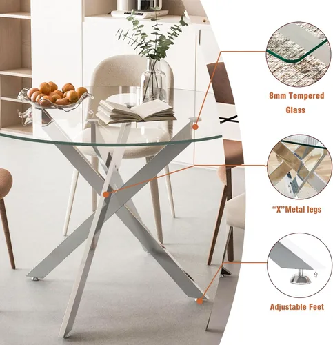 Vista 27 de Mesa de comedor redonda de 36 pulgadas para 4, mesa de comedor de vidrio templado de 0.39 pulgadas, mesa de comedor pequeña con base de acero