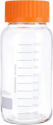 Vista 11 de Moonetto Paquete de 6 botellas de vidrio de 8.5 fl oz de boca ancha graduadas con reactivo redondo para laboratorio multimedia con tapa de rosca Azul