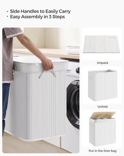 Vista 8 de SONGMICS Cesta para la ropa sucia, 39.6 galones (150L), cesta de lavandería de 3 secciones, cesta de lavandería con tapa, bambú, plegable, extraíble