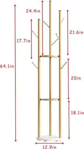 Vista 4 de Perchero de metal dorado independiente, perchero para colgar sombreros, bufandas, bolsos, perchero moderno con estantes dobles, perchero de esquina