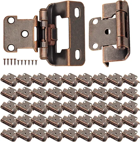 Vista 8 de Bisagras de latón antiguas para puerta de gabinete de cocina, paquete de 8 (4 pares) 1/2" Bisagra de superposición parcial de cierre automático