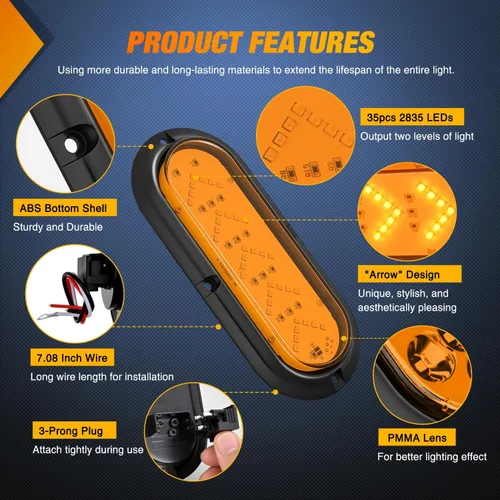 Vista 4 de Nilight Luz trasera ovalada de 6 pulgadas, 2 unidades, 35 LED, flecha, ámbar, luces de giro, montaje en superficie, impermeable, para caravana de 12