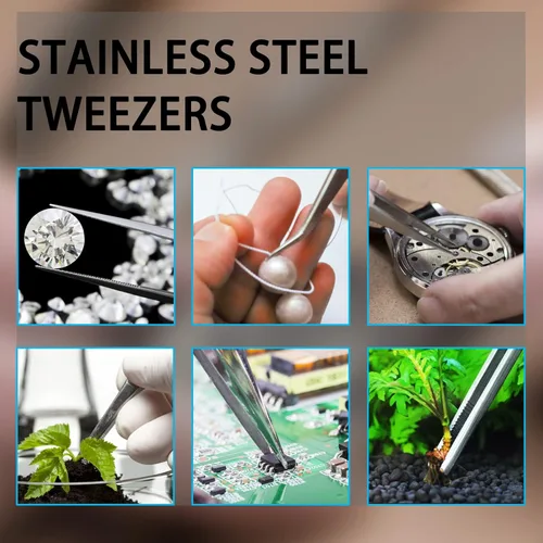 Vista 6 de Bonsicoky 4 pinzas de acero inoxidable de 5 pulgadas con puntas rectas dentadas de precisión, pinzas multiherramienta antideslizantes para cocinar