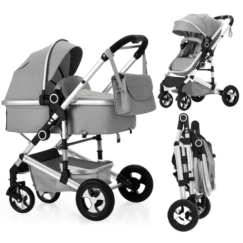 Vista 10 de Cochecito de bebé 2 en 1, cochecito convertible con asiento reversible, cochecito plegable para recién nacido, toldo ajustable, cesta