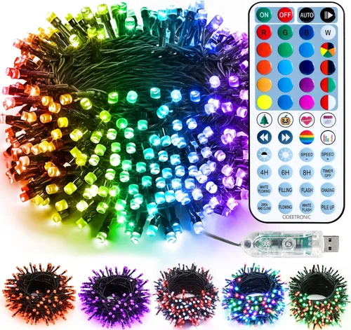 Vista 9 de ODEETRONIC Guirnalda de luces USB de Navidad, 33 pies, 100 luces LED, color rojo, blanco y azul, que cambian de color con control remoto, luz