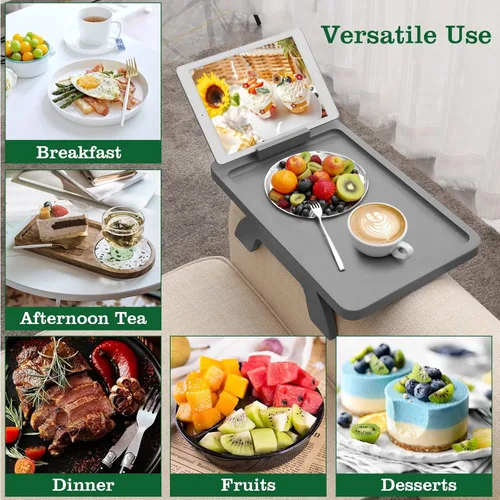 Vista 15 de Mesa de brazo para sofá, mesa de bambú para sofá con soporte para teléfono, mesas con reposabrazos con clip para mesa de reposabrazos, bandeja