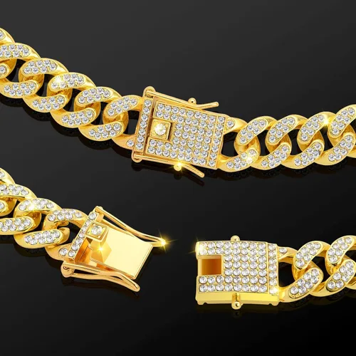 Vista 6 de Collar cubano para perro, collar de cadena de metal con diseño de hebilla segura, cadena dorada para mascotas, collar cubano de cristal para perros