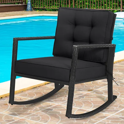 Vista 4 de HAPPYGRILL Mecedora de mimbre, silla mecedora de patio al aire libre con marco resistente, cojín grueso, mecedora de ratán para patio trasero