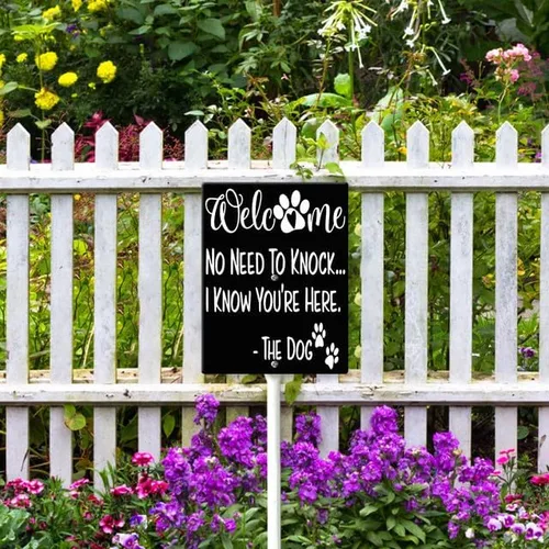 Vista 6 de No Need to Knock, I Know You're Here - Letrero de perro con estaca, letrero de aluminio resistente sin óxido, letrero de patio para perro