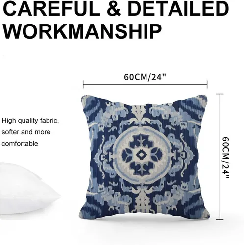 Vista 3 de Fundas de cojín Ikat con medallón azul y gris, color blanco y azul marino, fundas de almohada abstractas, decorativas de granja para sofá, cama