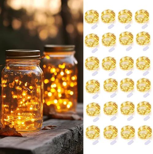 Vista 8 de Paquete de 24 luces de hadas que funcionan con pilas, 3.3 pies, 20 luces LED blancas frías, tira de luces LED impermeables para bodas, fiestas