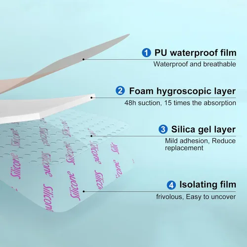 Vista 2 de 8 vendajes de espuma de silicona con borde suave de 4 x 4, vendajes de silicona impermeables para el cuidado de heridas, parches para úlceras