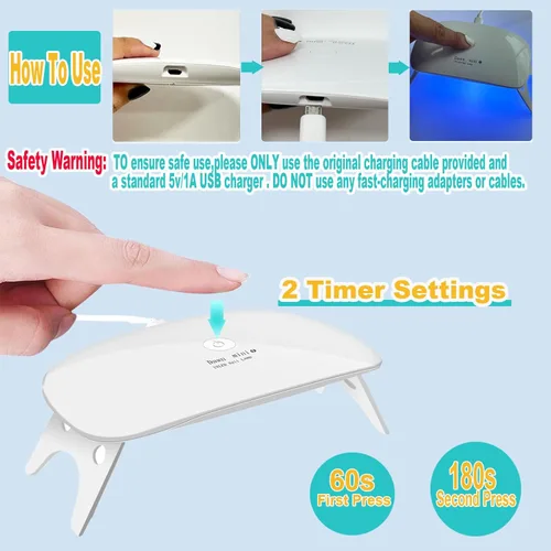Vista 2 de Kepma Lámpara UV LED para uñas Secador Mini portátil luz de curado para esmalte de uñas en gel, 6W (Blanco)