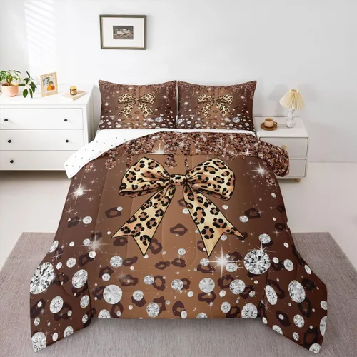 Vista 16 de Feelyou Coquette Bow Bedding Set Twin Size Leopared Bows Comforter Set for Kids Teens Adults Glitter Diamond Blue Duvet Quilt Cute Bowknot Room