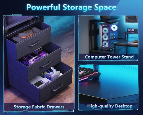 Vista 6 de Casaottima - Escritorio de juegos de 59 pulgadas con puertos de carga USB y luz LED - Escritorio reversible para computadora con 3 cajones de tela