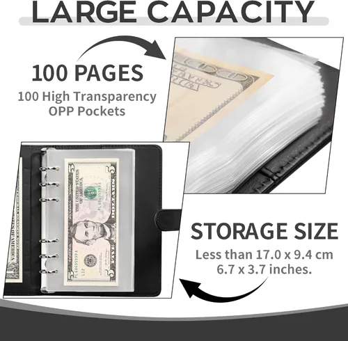 Vista 3 de Álbum de moneda de 100 bolsillos – 7 × 4 pulgadas portátil para billetes con cubierta de cuero artificial, fundas de dinero, libro de almacenamiento