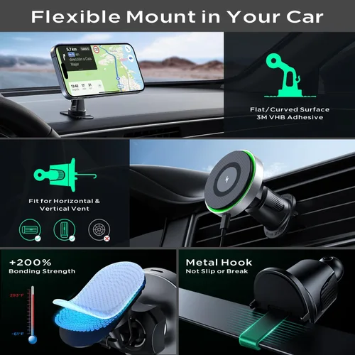 Vista 5 de Cargador de coche MagSafe, cargador inalámbrico magnético de 15 W, soporte de teléfono para salpicadero de ventilación de aire, soporte universal