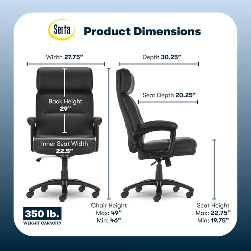 Vista 2 de Serta Comfort Executive Silla de oficina grande y alta, silla ergonómica de escritorio de computadora con respaldo alto, asiento acolchado Negro