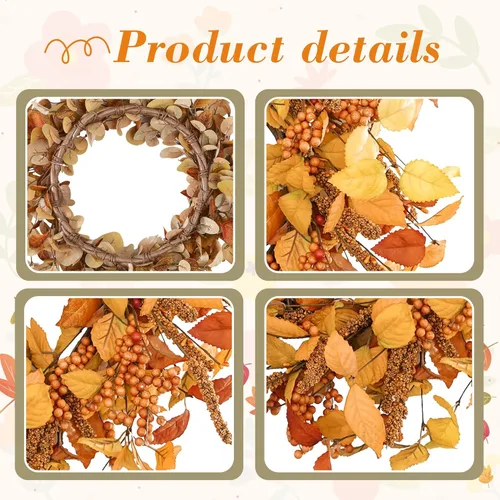 Vista 5 de YNYLCHMX Coronas de otoño de 18 pulgadas para puerta delantera, corona de otoño artificial, corona de puerta de otoño con hojas de eucalipto y sorgo