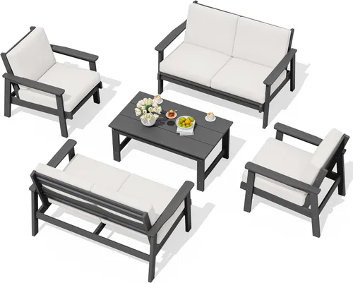 Vista 11 de SERWALL Sofá biplaza para patio al aire libre de HDPE, para todo tipo de clima, muebles de exterior de HDPE, marco negro y cojín gris